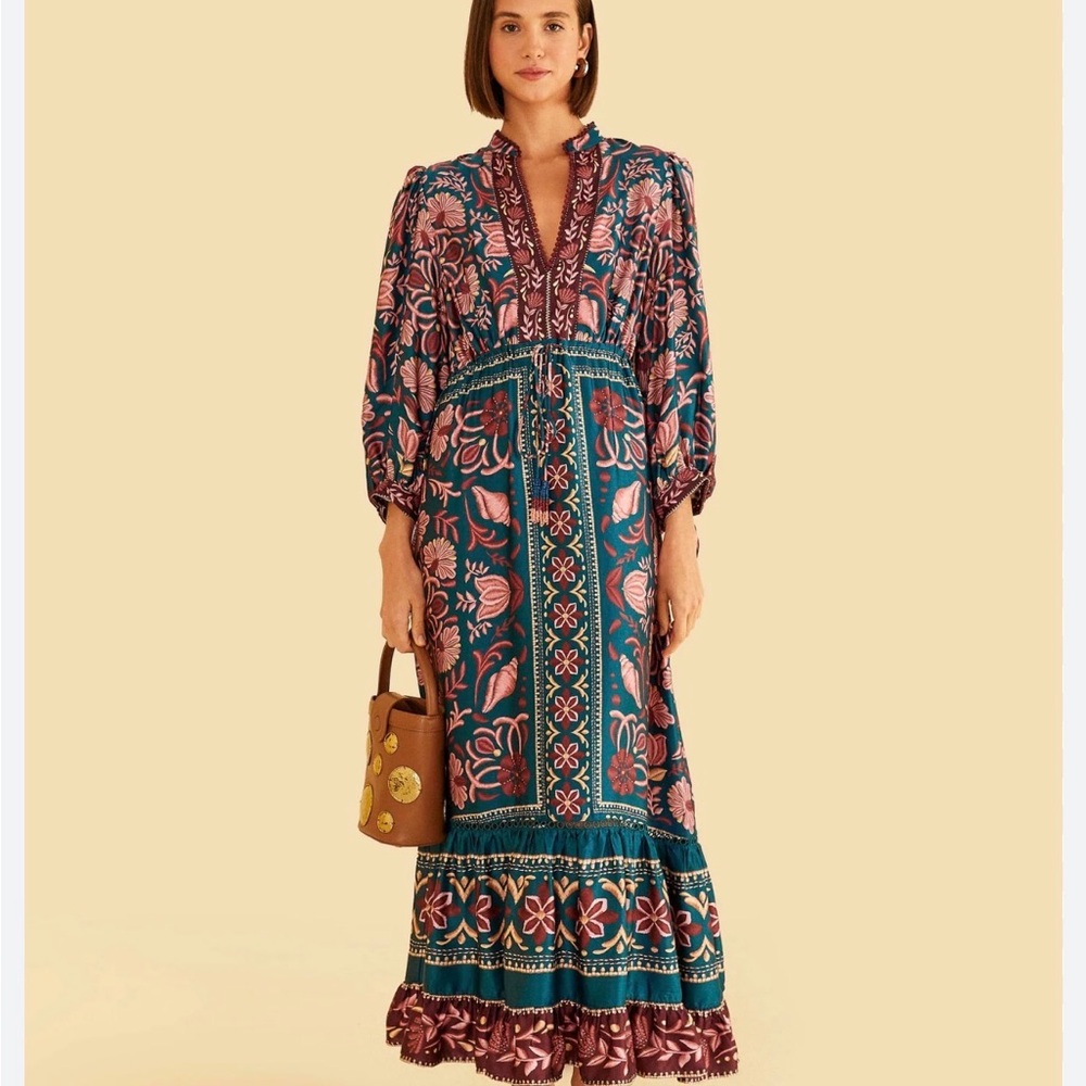 EUC Farm Rio Seashell Tapestry Teal Maxi Dress XS Worn Once